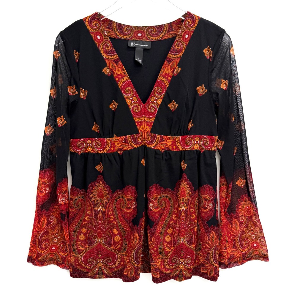 Y2K INC Paisley Mesh Babydoll Top Size L Whimsigoth Boho V-Neck Long Sleeve